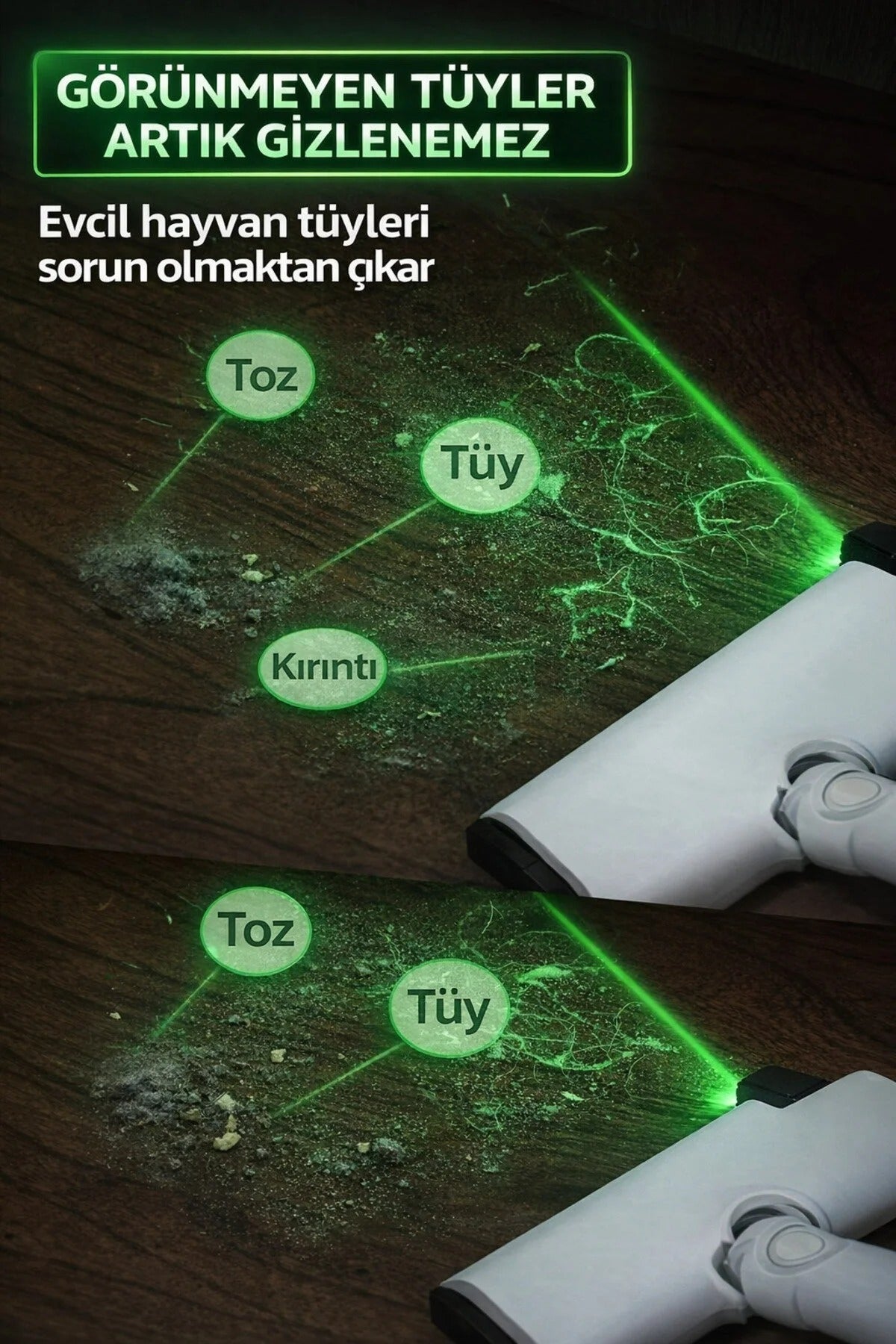Evora LumiClean Pro™ | Süpürge Uyumlu Profesyonel Yeşil LED Temizlik Işığı